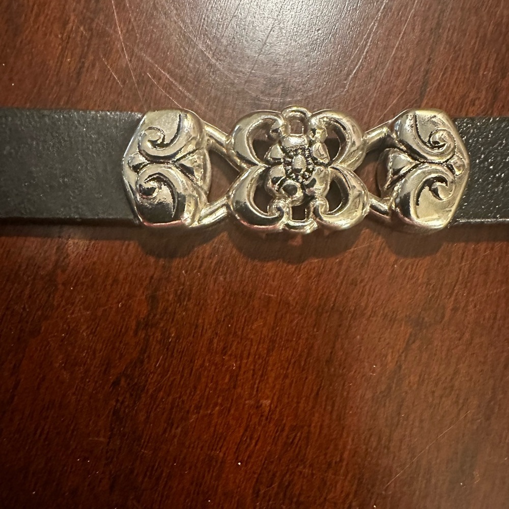 Black Leather Belt with Embossed Silver Buckles